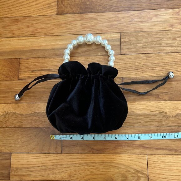 Black Velvet Drawstring Mini Purse With Pearl Handle & Satin Ribbon Accents - Picture 7 of 8